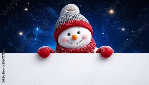 3d render, digital illustration, happy snowman, starry night, presentation, blank page, midnight, Merry Christmas greeting card, New Year symbol, winter holiday background 