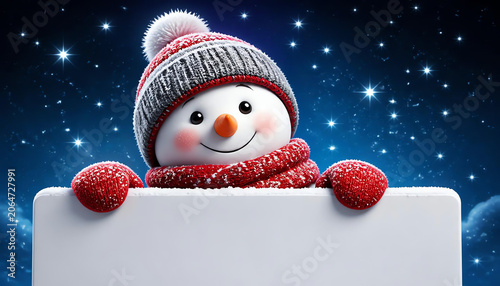 3d render, digital illustration, happy snowman, starry night, presentation, blank page, midnight, Merry Christmas greeting card, New Year symbol, winter holiday background 