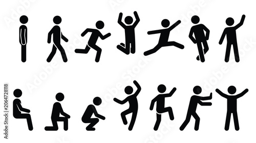 A black vector illustration set of stick figures showing various human poses and daily activities