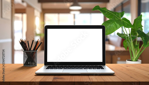 Modern Workspace Featuring Blank Laptop and Green Plant on Wooden Desk