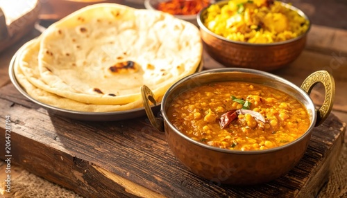 Delicious Indian Food on Wooden Table.