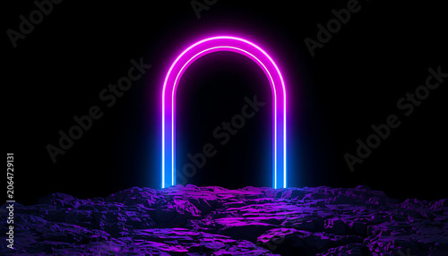 3d render, abstract minimalist background, pink violet blue neon arch, mysterious terrain, strange landscape, line glowing in the dark, ultraviolet light, 80's retro style