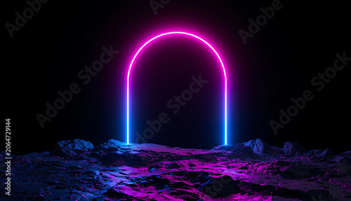 3d render, abstract minimalist background, pink violet blue neon arch, mysterious terrain, strange landscape, line glowing in the dark, ultraviolet light, 80's retro style