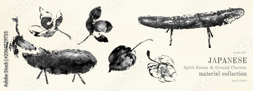 Cuadro en lienzo 日本の伝統行事「お盆」の水墨画調の精霊馬、鬼灯、蓮の葉の和風カットイラスト詰め合わせ。/ベクター