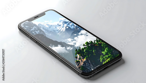 Smartphone Displaying Scenic Mountain Landscape with Clouds and Greenery