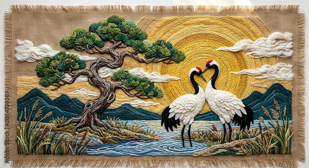 Obraz premium Embroidered cranes by pine tree at sunrise 