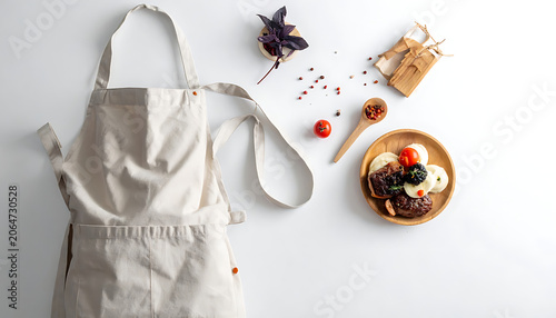 Stylish Apron with Fresh Ingredients and Wooden Tableware on White Background