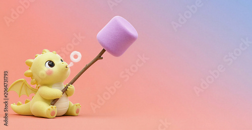 Cute 3D Baby Dragon Trying to Toast a Purple Marshmallow Background with Room for Text