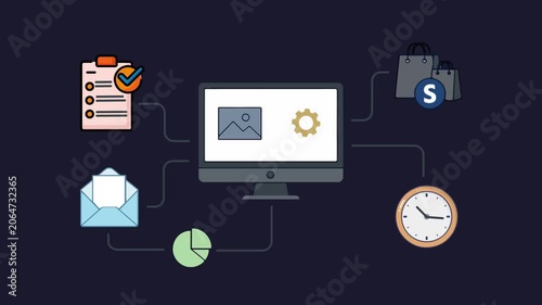 Computer Monitor and Business Icons Animation on Dark Navy Background