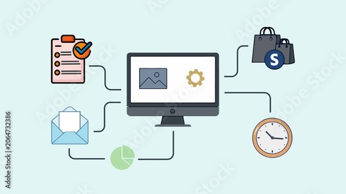 Computer Monitor with Multitasking Business Icons Animation