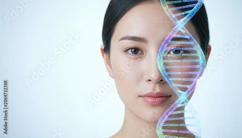 Genetic Beauty: A striking portrait of an East Asian woman's face is superimposed with a vibrant, glowing DNA helix, symbolizing the intersection of genetics and human identity.