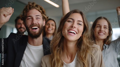 Excitement and Success: A group of smiling business professionals celebrates a shared victory, their faces alight with joy and accomplishment.