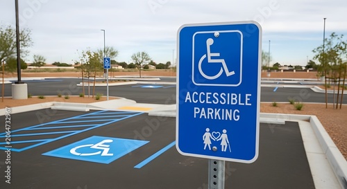 Accessible parking sign with wheelchair symbol in an empty outdoor parking lot on a sunny day accessible handicap wheelchair