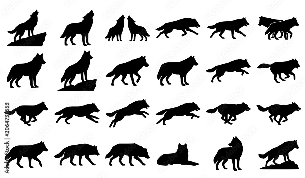 Obraz premium Wild Wolf Silhouette Vector Bundle Black Animal Profiles Isolated on White