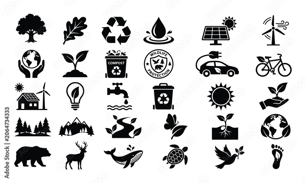 Fototapeta premium Eco, friendly, ecology, icons, set, with, green, energy, recycling, environment, sustainability, wildlife, protection, nature, conservation, elements, icons, collection, vector, illustration