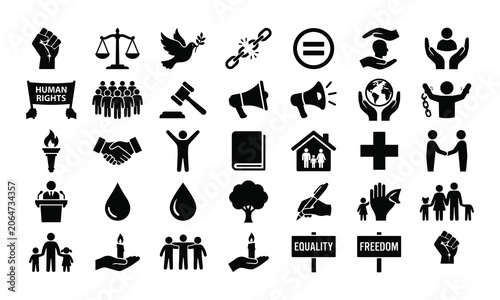Human rights icons set, vector black silhouettes, equality, freedom, justice scales, peace dove, law gavel, protest fist, social unity, community care, campaign concept