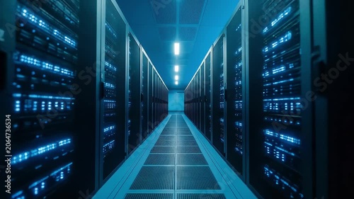 Data center aisle with server racks and blue LED lighting