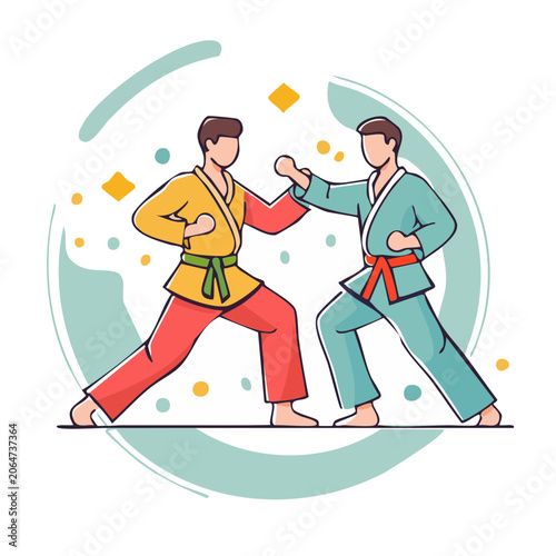 Karate fighters in action, flat vector illustration