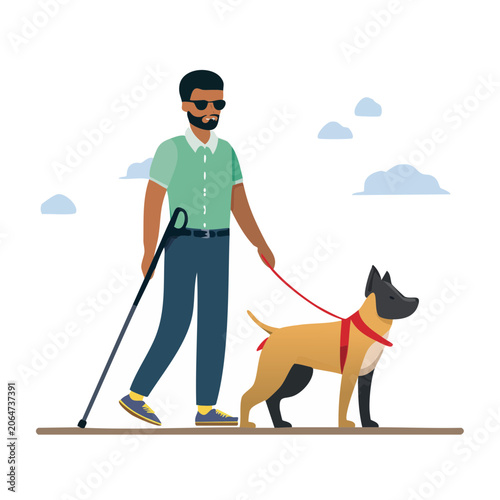 Man with guide dog walking with cane illustration
