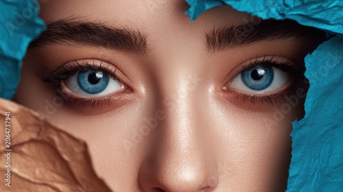Young Japan woman with beautiful bright brown eyes with shining blue shadows, beige lipstick and expressive eyebrows, pitted look of colored paper, fashion, beauty, make-up, cosmetics, salon style