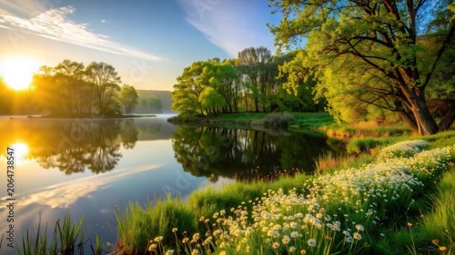 A tranquil lake reflecting trees and sky, with wildflowers in the foreground and a sunny sunrise