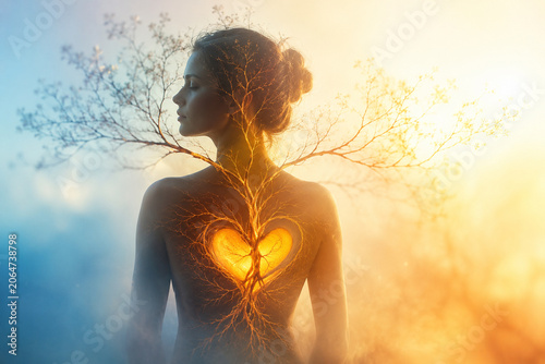 AI generated serene woman glowing heart tree radiant roots symbolizing emotional healing personal growth spiritual connection balance inner strength