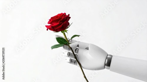 A robotic hand presents a vibrant red rose against a pristine white backdrop