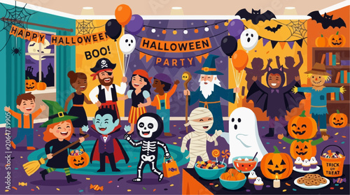 Happy Halloween Party Scene with Diverse Children in Costumes Celebrating