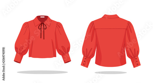 Stylish Red Women Blouse with Puff Sleeves and Bow Tie Detail Front and Back View Fashion Technical Sketch