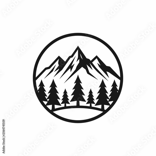 Mountain landscape with pine trees.
