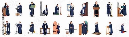 Obraz na płótnie Set of flat vector illustrations of church officials and clergy members performing various religious duties and services in a church