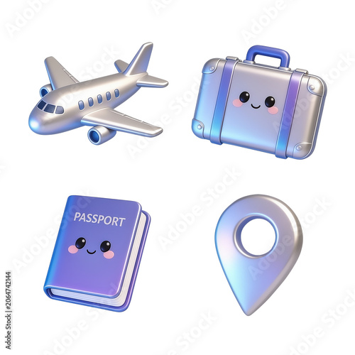 Cute 3D Travel Icon Set with Airplane Suitcase Passport and Location Pin Isolated on Transparent Background