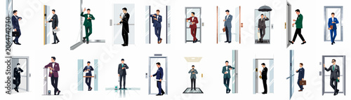 Cuadro en lienzo A collection of flat vector illustrations featuring stylish, well-dressed men in suits and tuxedos standing near or inside modern elevators