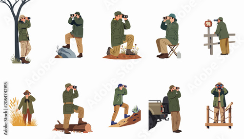 Set of illustrations showing men in safari gear using binoculars for wildlife watching and exploration in various outdoor settings.