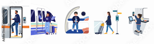 Fotografie Flat vector illustrations depicting a family's travel experience on a modern train, including boarding, ticket scanning, and scenes inside the train cabin
