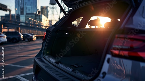 POV view from inside a car trunk looking outward with trunk door open, modern vehicle interior and outdoor parking area visible, automotive lifestyle concept