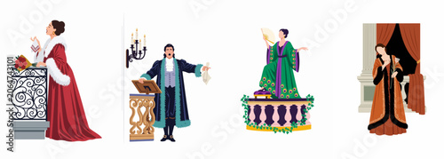 Photos Set of diverse opera singers in historical costumes performing on stage, featuring soprano and tenor characters in elegant theatrical attire