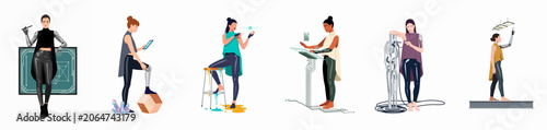 Φωτογραφία Collection of diverse women with cybernetic limbs and futuristic technology in a flat vector illustration style, symbolizing human enhancement and future innovation