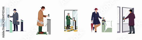 Illustrations of professional men using various biometric and electronic access control systems at office building entrances and security turnstiles.