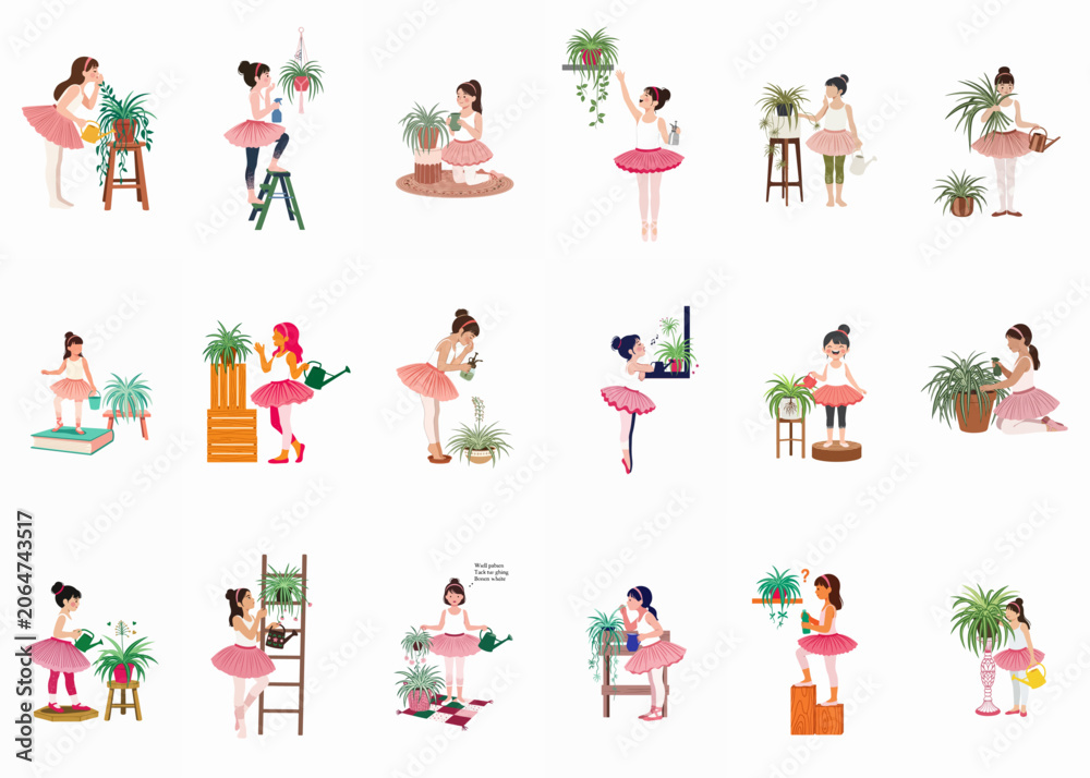 Fototapeta premium Collection of illustrations featuring young girls in tutus engaged in indoor gardening, watering, and tending to spider plants on a plain white background.