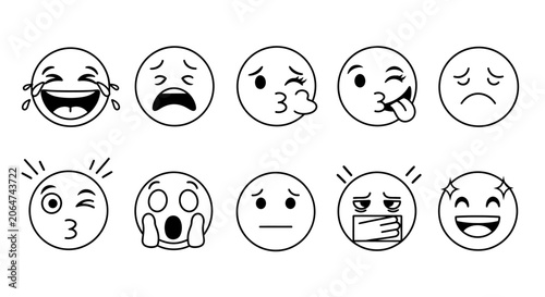 Foto Diverse set of expressive black and white line art emojis showcasing a broad spectrum of human emotions, from joy and laughter to surprise and sadness, perfect for digital communication and design