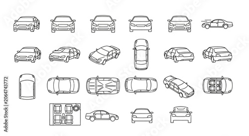 Fotografija Comprehensive set of automobile technical line art projections showing various e
