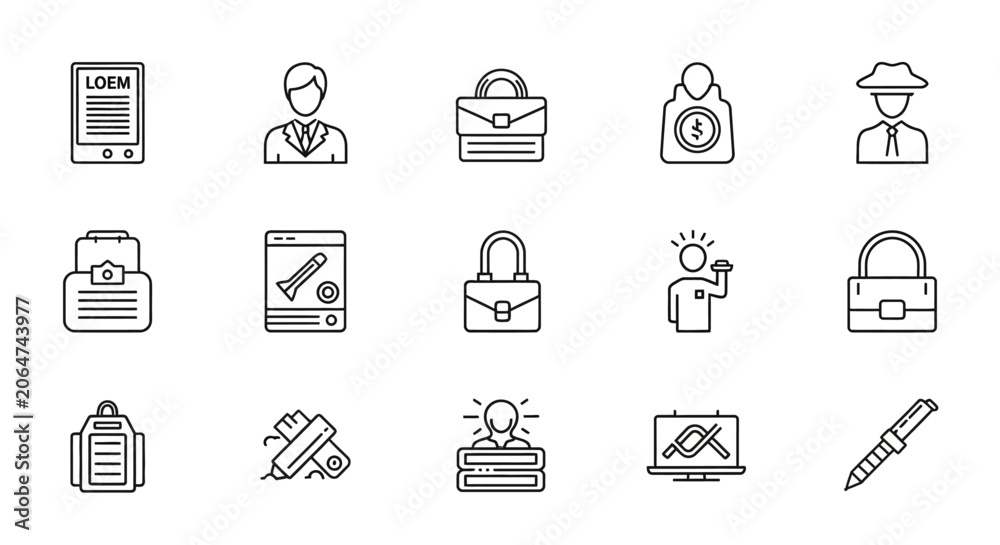 Fototapeta premium Versatile set of outline vector icons depicting various business concepts, digital technology, tools, and everyday items, ideal for contemporary applications and interfaces