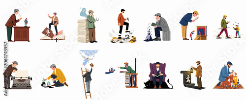 Foto A collection of surreal vintage illustrations depicting writers and thinkers engaged in imaginative storytelling and historical exploration through various literary themes