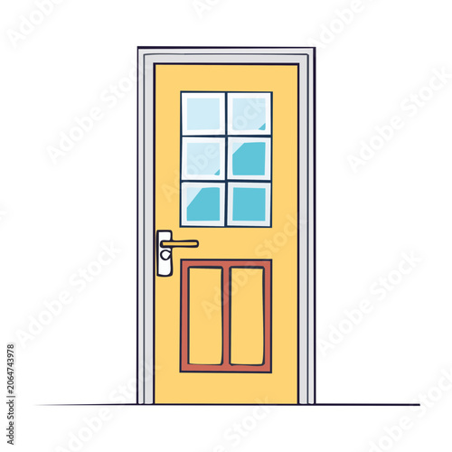Yellow door with glass panes and handle illustration