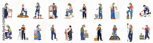 Fotografía Collection of diverse archaeologists working on excavation sites, documenting findings, and handling historical artifacts in various professional field roles