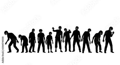 Fotografía Silhouetted Zombie Horde Figures Marching Together in a Line on Isolated White B