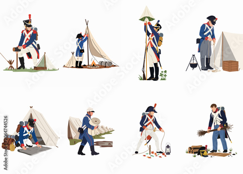 Fotografie Flat Vector Illustration Set of Napoleonic Era French Soldiers Setting Up a Mili