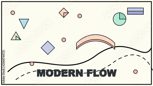 Abstract Memphis style background with geometric shapes and line art