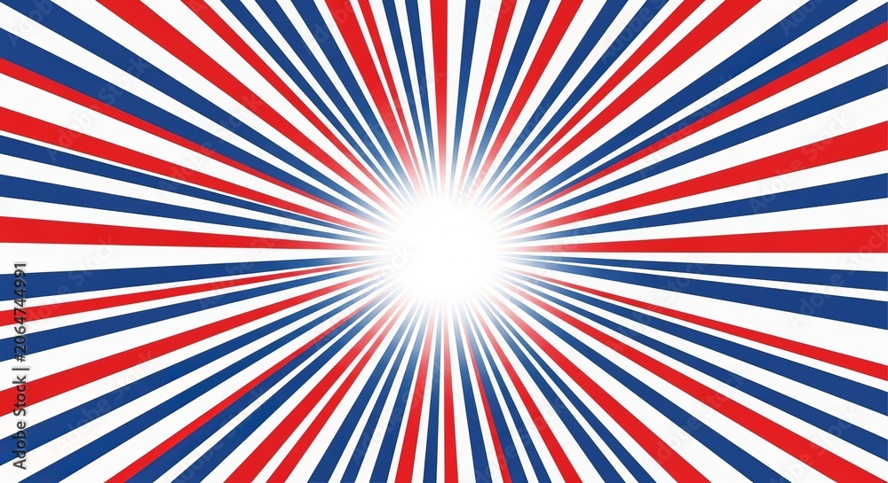 Fototapeta premium Red white and blue sunburst background with radiant light rays for patriotic graphic design projects